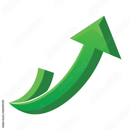 A green growth arrow icon curving upwards with a clean design, a professional symbol of financial success and business.