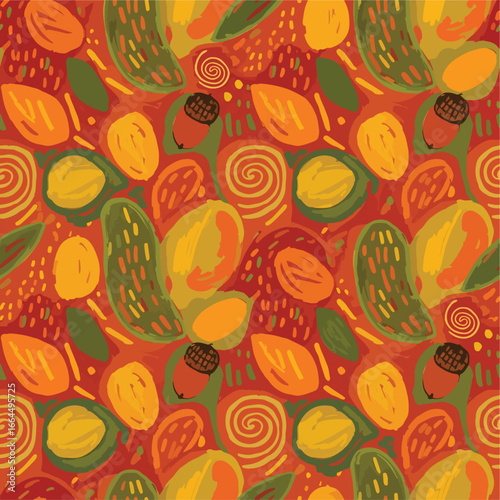 Seamless Pattern, Colorful autumn pattern featuring acorns, leaves, and abstract elements on a warm background Stock royalty free