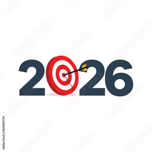 Happy new year 2026. Vector concept greeting card and round colored target with arrow template. New goals for next year and achieving success of 2026. Vector illustration.