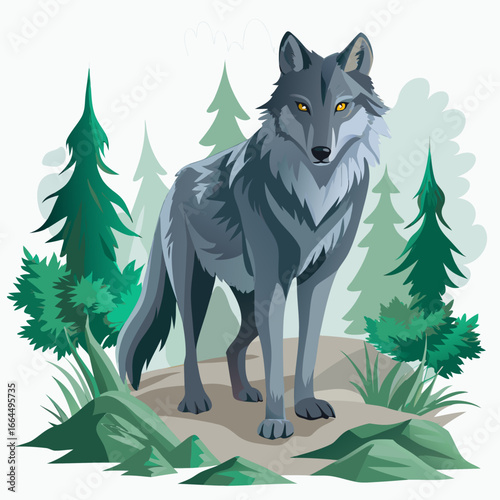vector illustration of wolf, stalking, watercolor