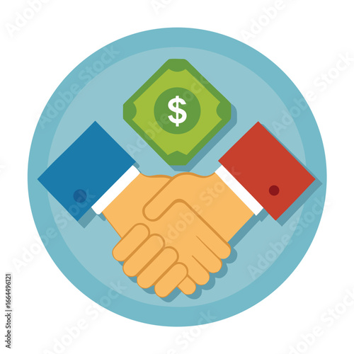 A handshake icon with two hands exchanging money, a financial symbol for business deals, payments, and corporate partnerships.