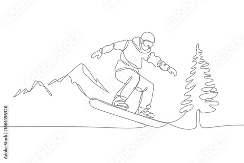 Continuous line drawing of a snowboarder on a snowy mountain