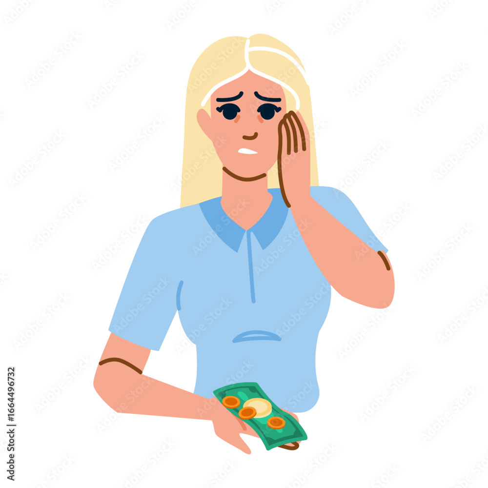 Fototapeta premium Worried woman holding banknotes and coins suffering from financial crisis