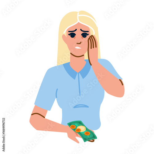 Worried woman holding banknotes and coins suffering from financial crisis