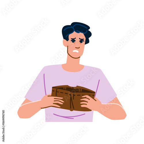 Young man showing empty wallet experiencing financial crisis