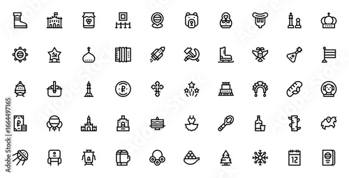 Russia Day icon set. Vector illustration. Patriotic symbols collection. Features matryoshka, bear, vodka, ushanka, ballet, sputnik, ruble, church, Kremlin and more. Editable stroke design.