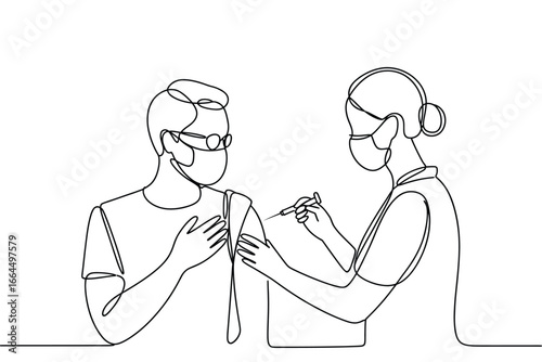 Medical professional administering vaccine to patient in continuous line art