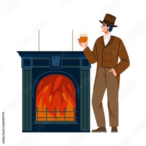 Gentleman holding glass of wine enjoying warmth by fireplace