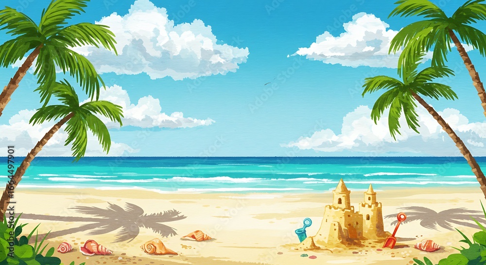 Obraz premium Tropical Beach Paradise: Vibrant Digital Illustration