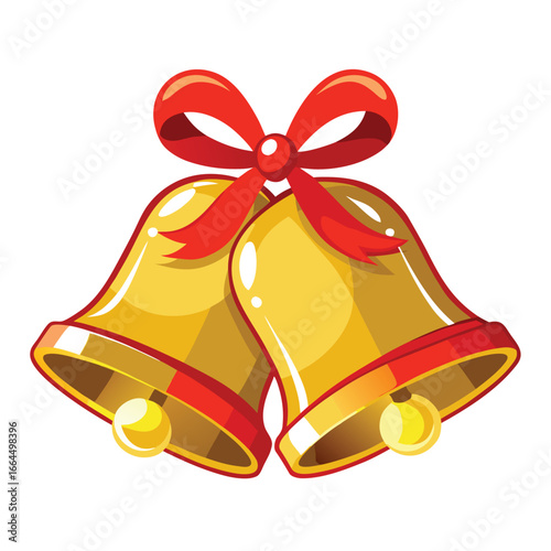 A pair of golden bells tied together with a red ribbon, a beautiful and classic icon for christmas and holiday celebrations.
