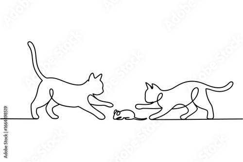 Two cats and a mouse in continuous line art