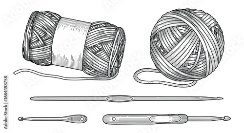Yarn and crochet hook tools vector illustration. Hand drawn sketch style. Black and white design elements.