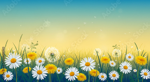Daisies and Dandelions in Spring Meadow