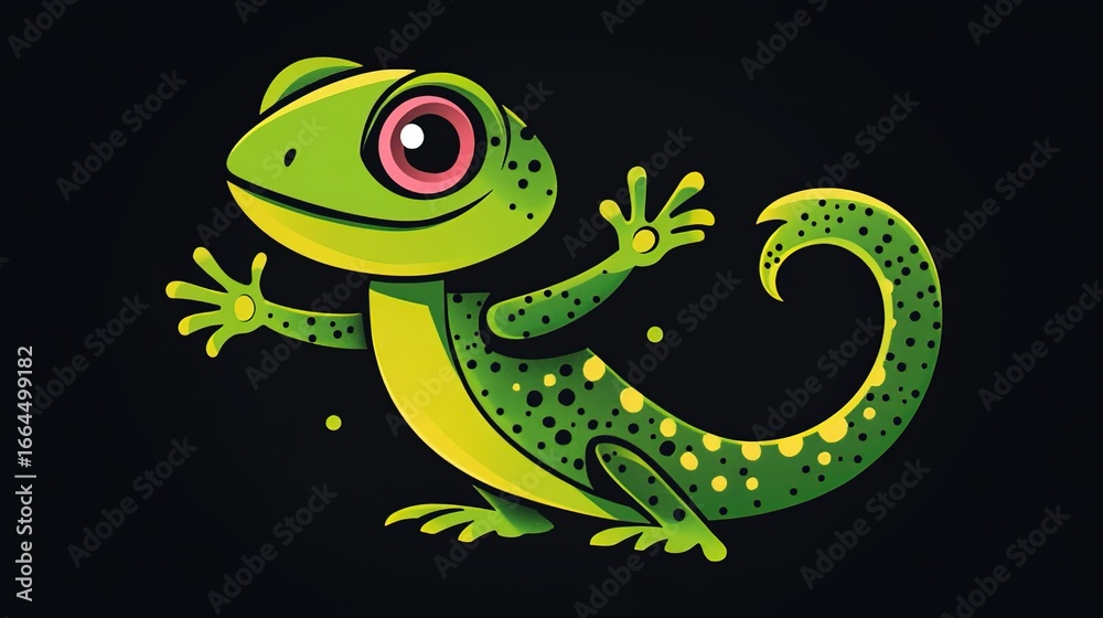 Fototapeta premium Cartoon Lizard Silhouette App Icon - Green Body, Pink Eyes, Raised Right Hand (Waving/Pointing), Small Black Tail Dot for Texts/Social Media