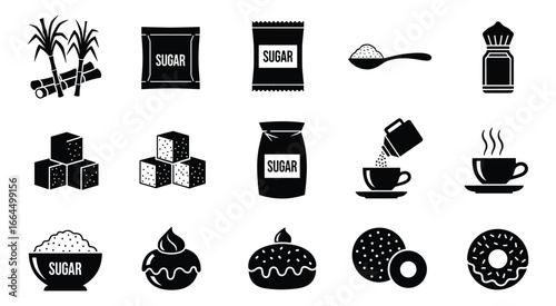 Collection of sugar icons. Includes sugarcane, cubes, bag, spoon, cup, and doughnuts. Black and white vector.