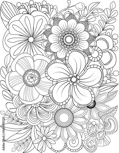 Intricate floral coloring page featuring diverse blooms and detailed patterns for relaxation and creativity transparent background