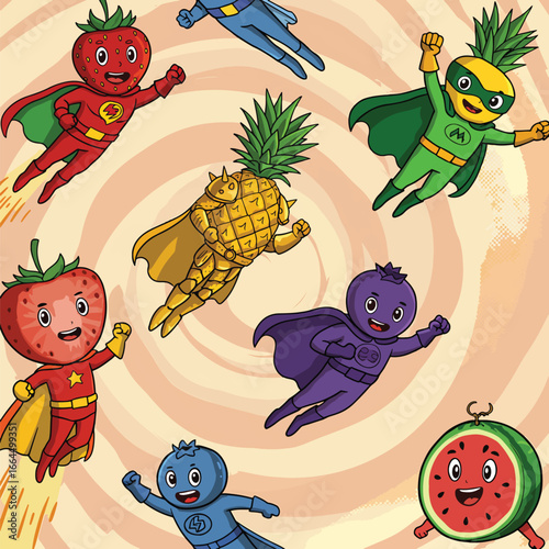 Seamless Pattern, Cartoon fruit superheroes fly in a swirl of fun and healthy adventure Stock royalty free