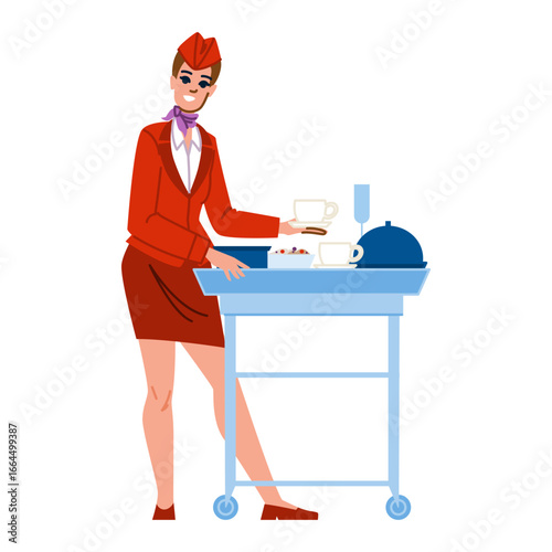 Smiling flight attendant serving food and drinks on a trolley