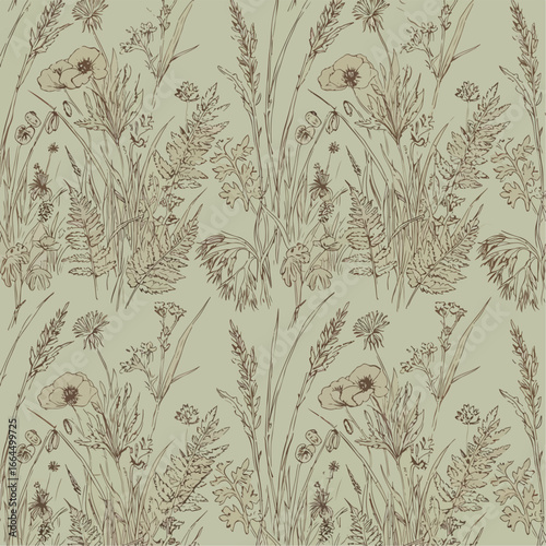 Seamless Pattern, Botanical meadow pattern with floral sketches of grass, poppies and fern foliage Stock royalty free image.