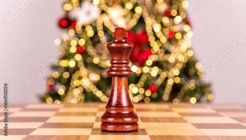 A dark-wood chess king stands on a board before a blurred Christmas tree