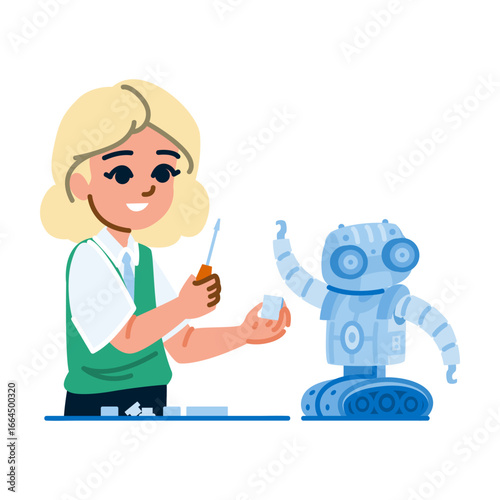 Young engineer building a robot using a screwdriver and spare parts