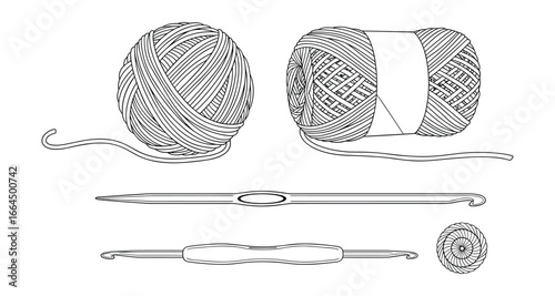 Black and white outline illustration of yarn balls and crochet hooks for crafts projects. Vector Illustration.
