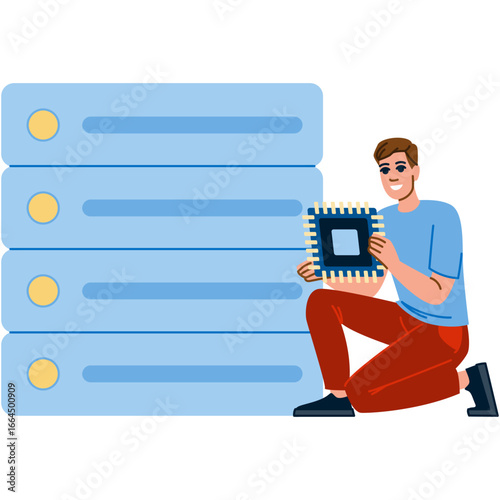 Technician installing microchip on server, database maintenance and it support