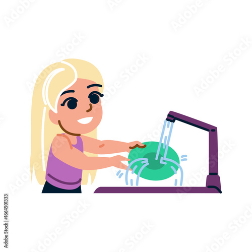 Cute little girl washing dishes in kitchen sink