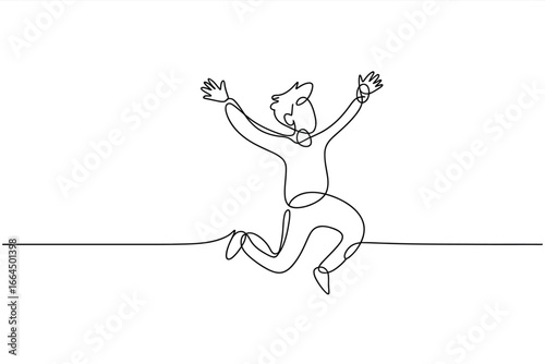 Joyful person jumping high in continuous line art style