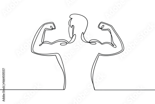 Single line drawing of a muscular person flexing biceps