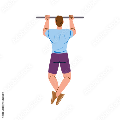 Strong man doing pull ups on horizontal bar, rear view