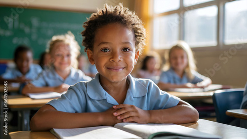 Smiling schoolchild sitting at a desk in a classroom, looking confident and happy. The student is wearing a school uniform and surrounded by classmates. Generated image