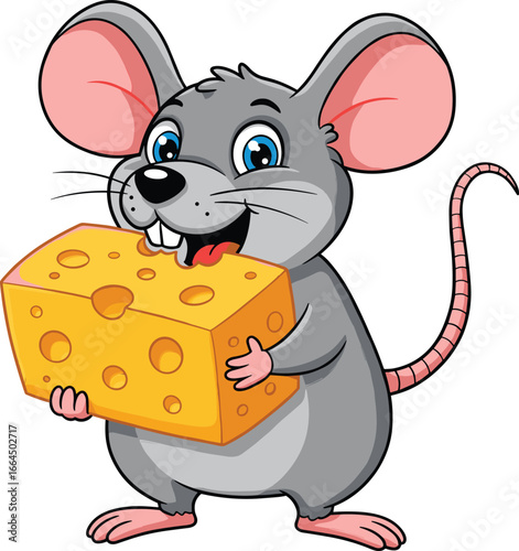 Cartoon cute mouse holding cheese, happy rodent character illustration, funny animal, smiling rat, kids educational clipart, vector isolated drawing