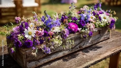 Colorful flower arrangement in rustic wooden box