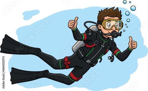 Cartoon scuba diver underwater, man in wetsuit swimming, diving with oxygen tank, snorkeling gear, marine adventure, ocean exploration scene