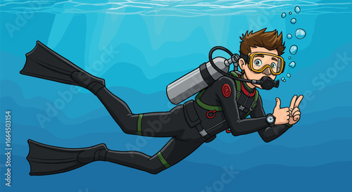 Cartoon scuba diver underwater, man in wetsuit swimming, diving with oxygen tank, snorkeling gear, marine adventure, ocean exploration scene
