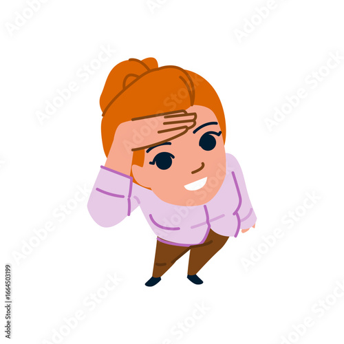 Smiling businesswoman looking and searching something holding hand on forehead