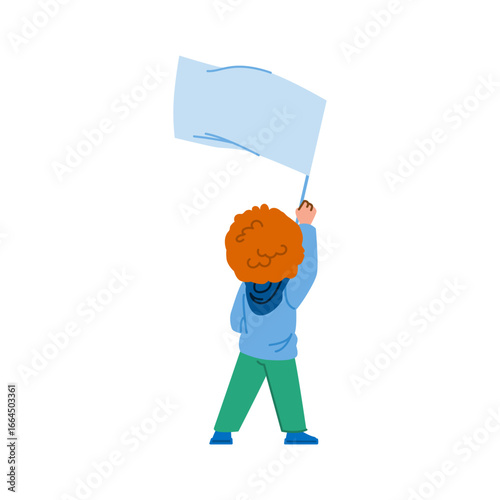 Young activist waving blank flag during demonstration for human rights