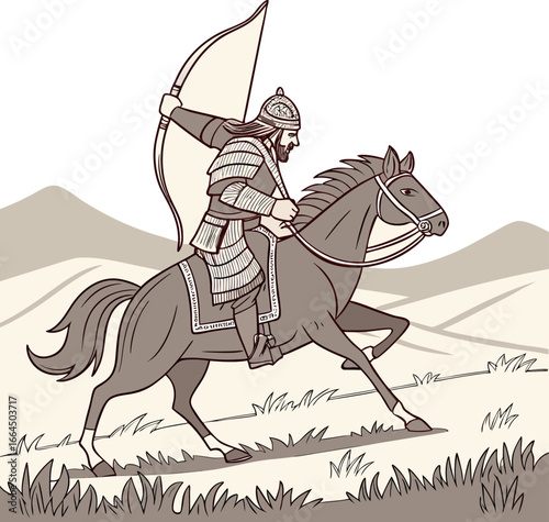 mongol archer on horseback with traditional 