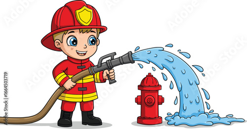 Cute cartoon boy dressed as firefighter spraying water from hose, red uniform, fire hydrant, kids fireman illustration, safety concept