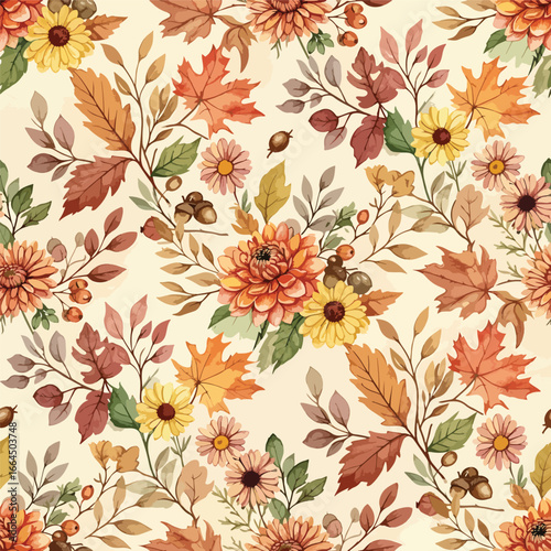 Seamless Pattern, Autumnal floral pattern featuring chrysanthemums, maple leaves, and acorns artwork Stock royalty free