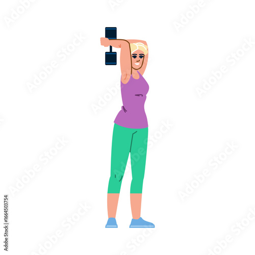 Sportswoman lifting dumbbell behind head during fitness training