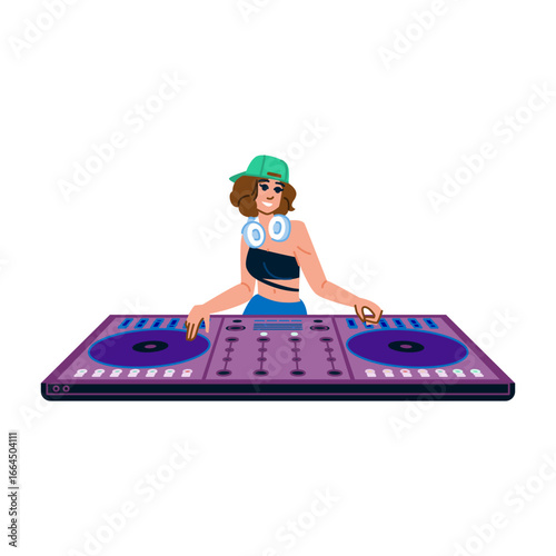Female dj playing music at electronic mixer console