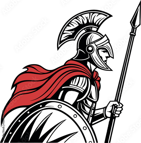 spartan warrior with helmet and red cape holding s