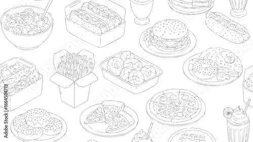 Black and white outline vector of American fast food, vector