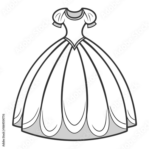 Elegant princess dress with puff sleeves and long skirt isolated on white background