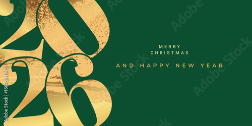 Merry Christmas and Happy New Year 2026 greeting card, poster, web banner, holiday cover. Creative concept with gold typography logo 2026 for celebration and season decoration. Vector design template