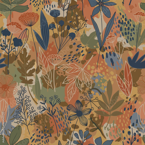 Seamless Pattern, Autumnal botanical pattern with floral and leaf elements in warm earthy tones Stock royalty free image.