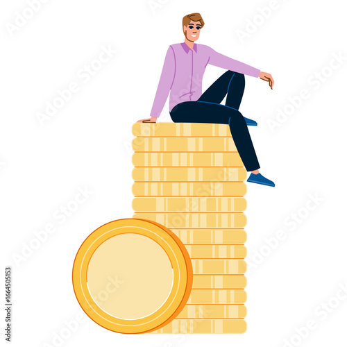 Successful businessman sitting on stack of golden coins enjoying wealth and abundance