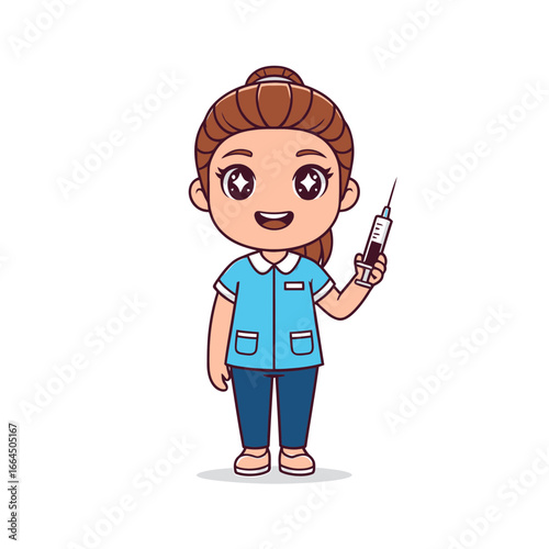 Cartoon illustration of a cute nurse holding a syringe with medicine, , representing healthcare, vaccination, and medical treatment in a friendly and approachable manner